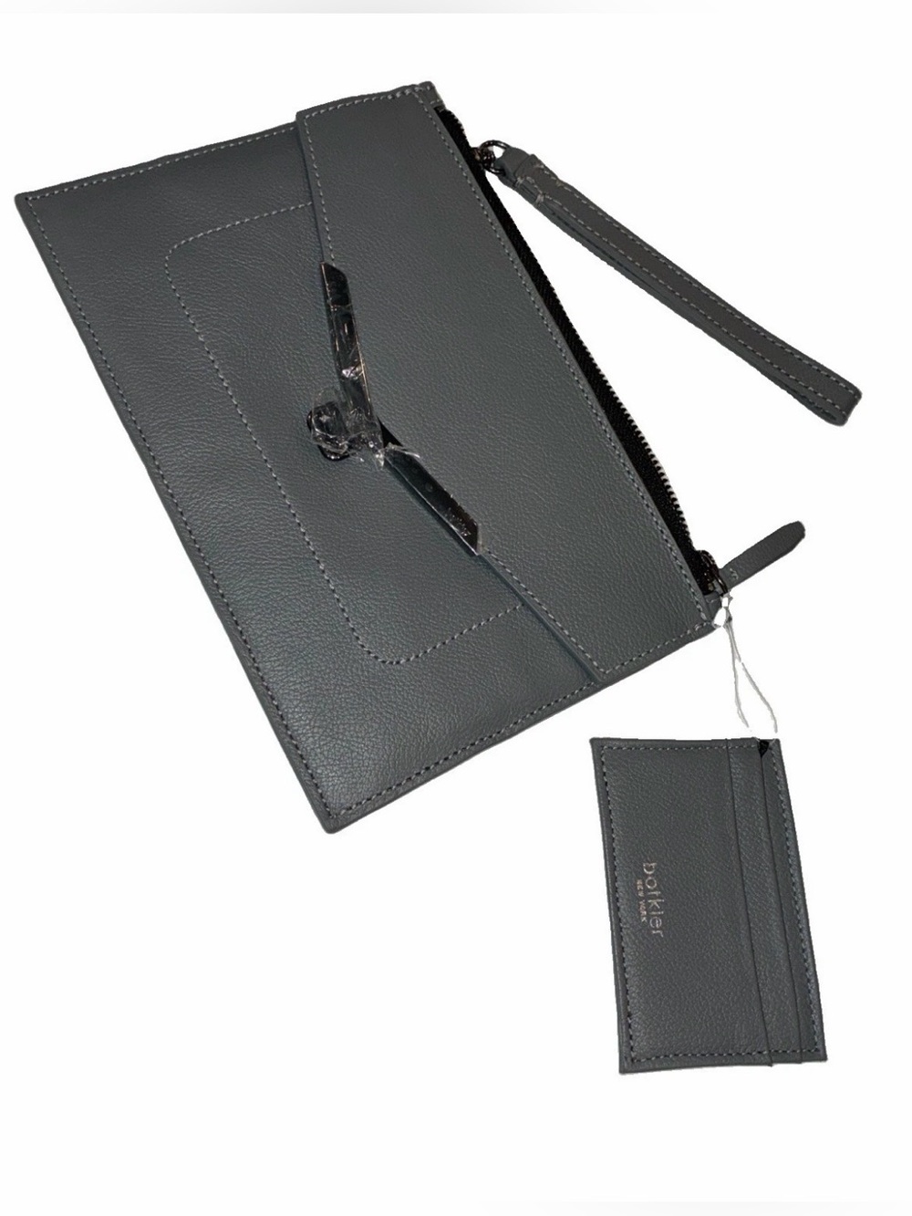 NWT Botkier New York Gray 100% Genuine Leather Wristlet Clutch & Card Case Set